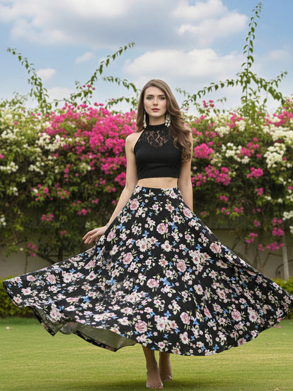 Trendy Black Floral Cord-Set for Women  Stylish Crop Top with Flowing Skirt  Elegant Summer & Party Wear Outfit