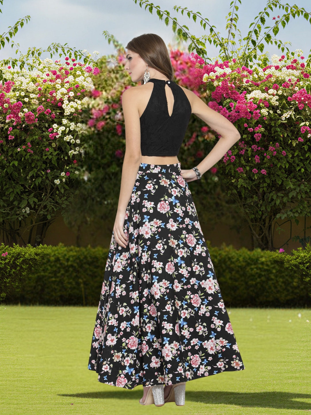 Trendy Black Floral Cord-Set for Women  Stylish Crop Top with Flowing Skirt  Elegant Summer & Party Wear Outfit