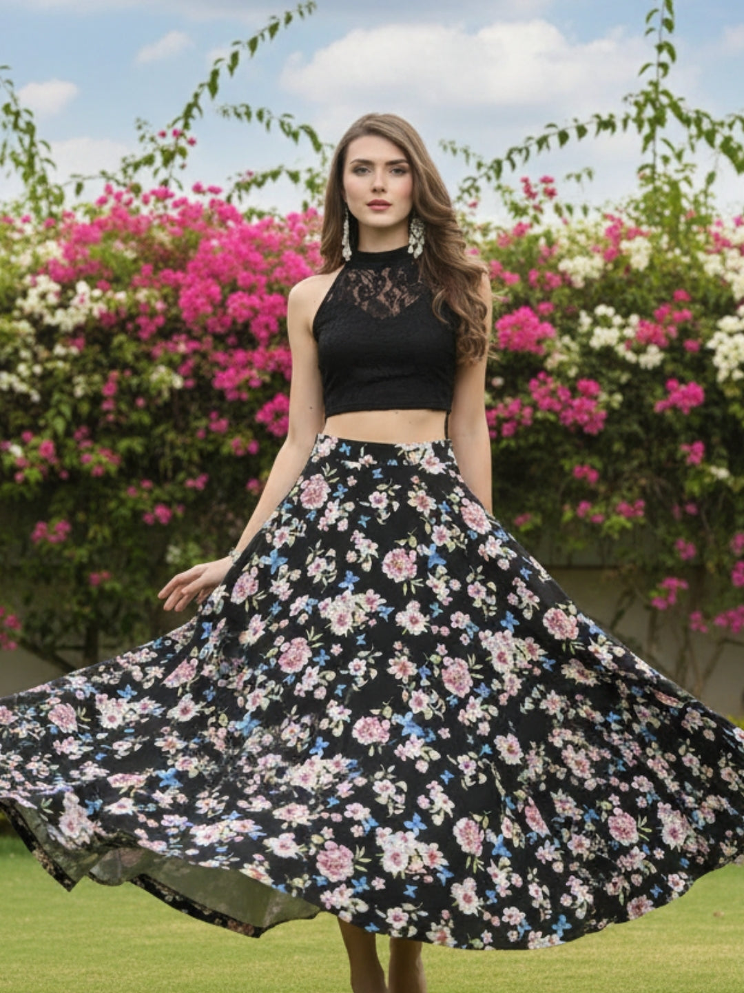 Trendy Black Floral Cord-Set for Women  Stylish Crop Top with Flowing Skirt  Elegant Summer & Party Wear Outfit