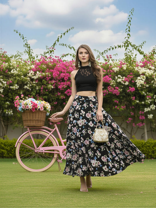 Trendy Black Floral Cord-Set for Women  Stylish Crop Top with Flowing Skirt  Elegant Summer & Party Wear Outfit