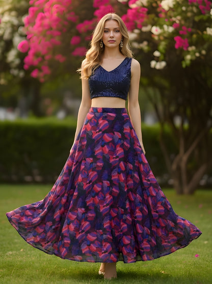 Blue Sequin Crop Top with Flared Skirt  Elegant Party & Festive Wear Outfit