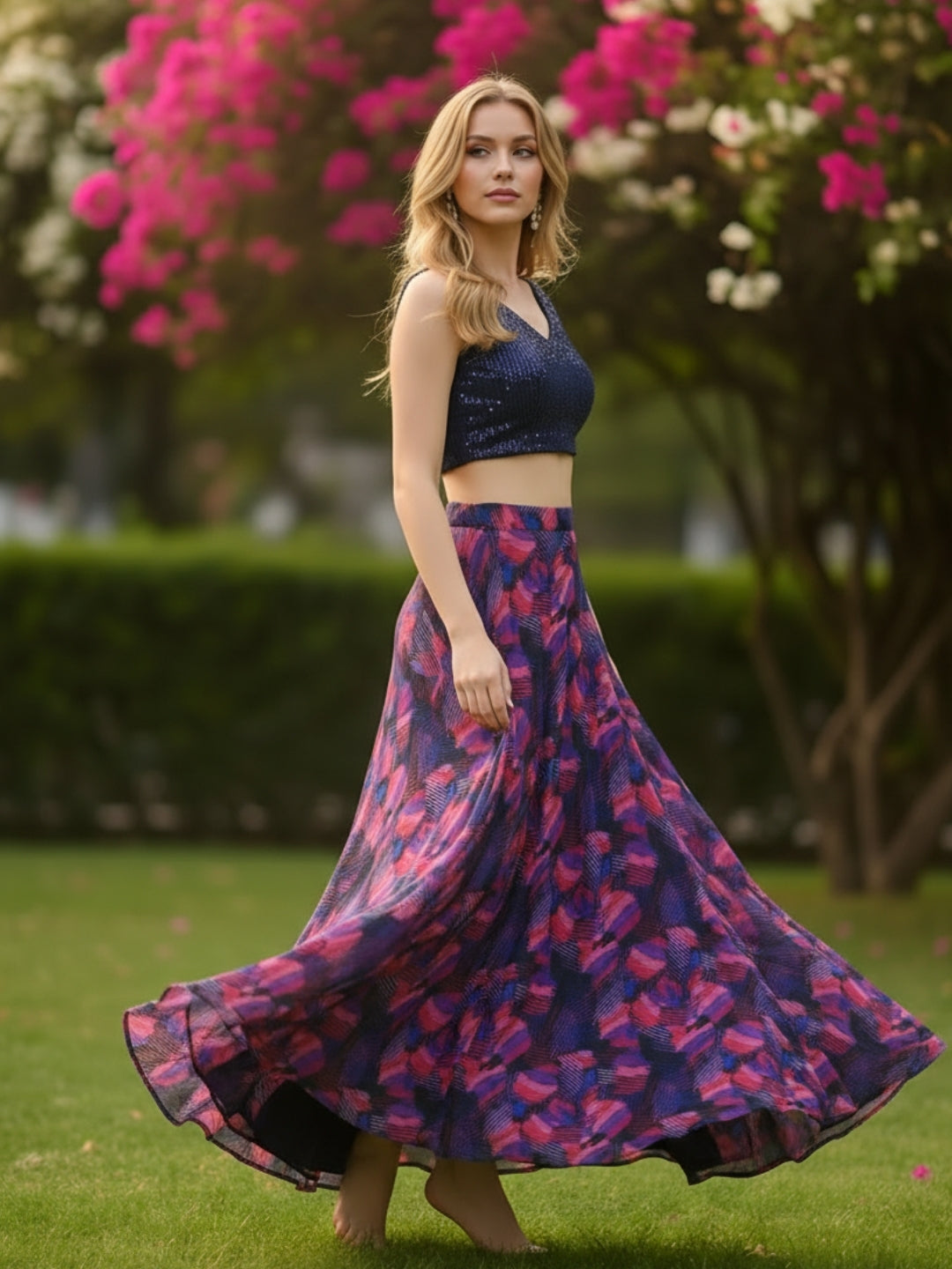 Blue Sequin Crop Top with Flared Skirt  Elegant Party & Festive Wear Outfit