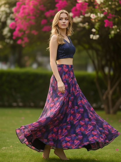 Blue Sequin Crop Top with Flared Skirt  Elegant Party & Festive Wear Outfit