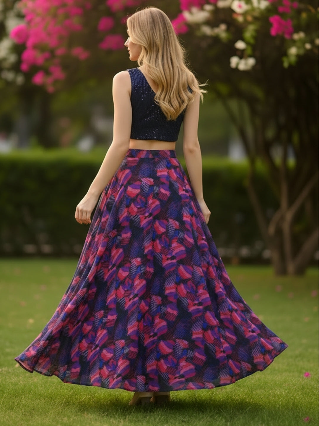 Blue Sequin Crop Top with Flared Skirt  Elegant Party & Festive Wear Outfit