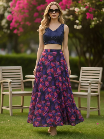 Blue Sequin Crop Top with Flared Skirt  Elegant Party & Festive Wear Outfit