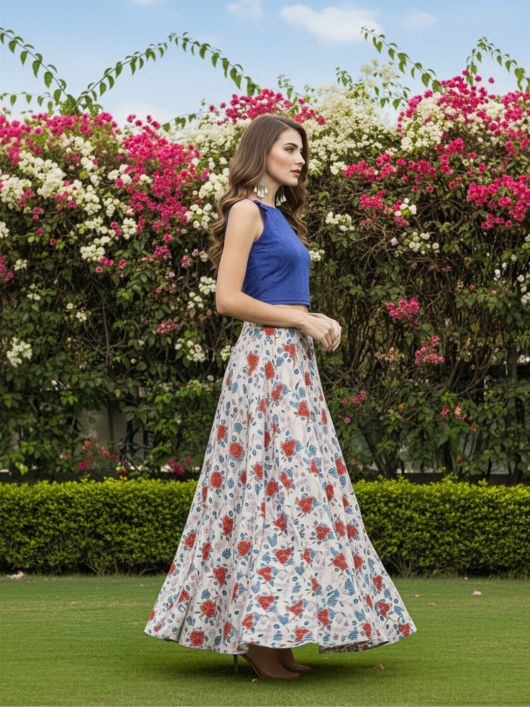 Elegant Blue and Off-White Floral Cord-Set for Women  Stylish Crop Top with Flowing Skirt  Casual & Party Wear Outfit