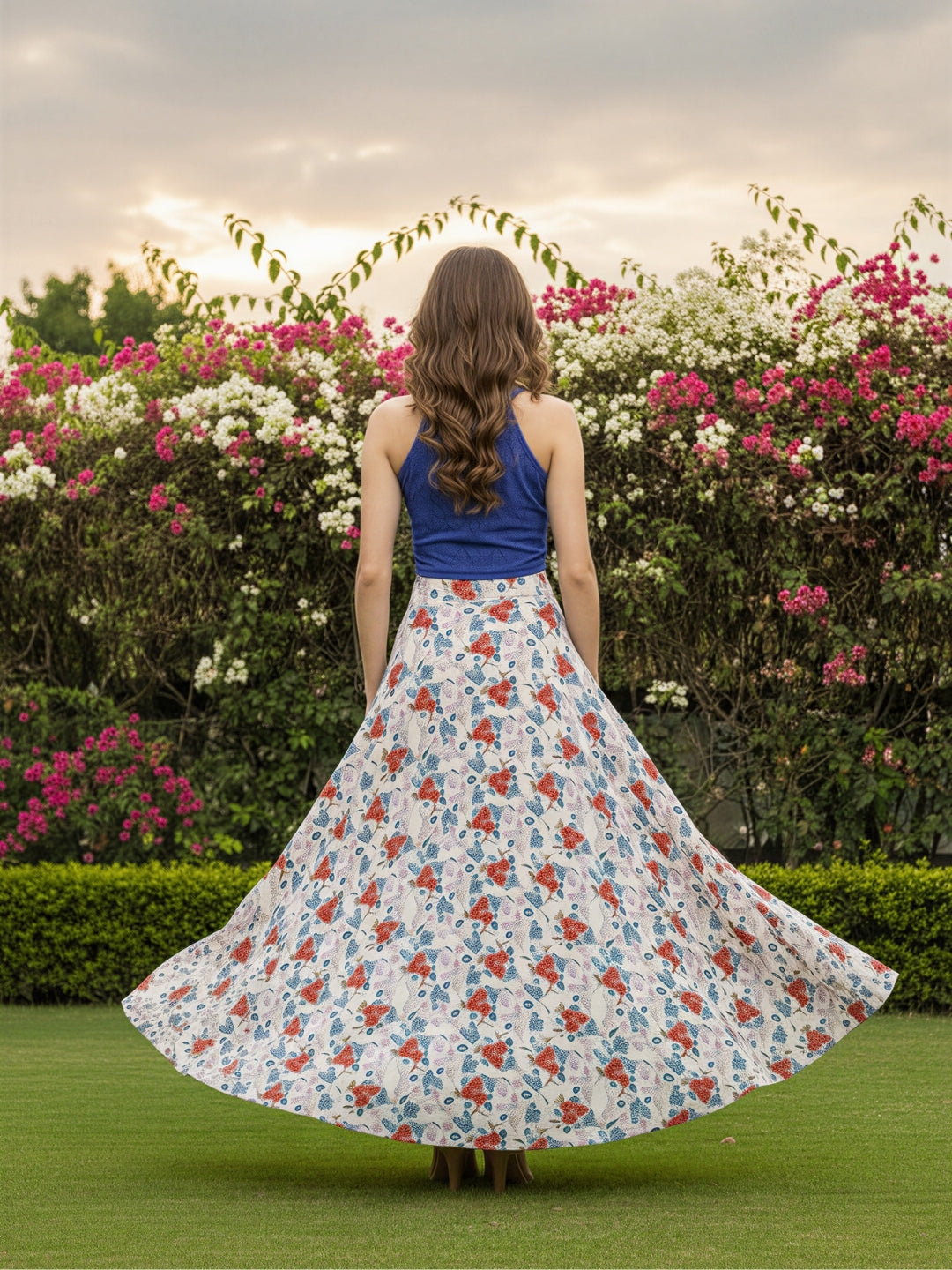 Elegant Blue and Off-White Floral Cord-Set for Women  Stylish Crop Top with Flowing Skirt  Casual & Party Wear Outfit