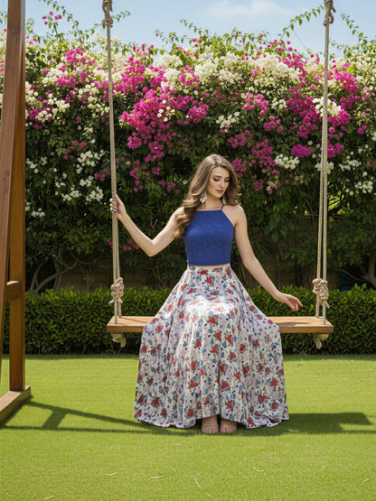 Elegant Blue and Off-White Floral Cord-Set for Women  Stylish Crop Top with Flowing Skirt  Casual & Party Wear Outfit