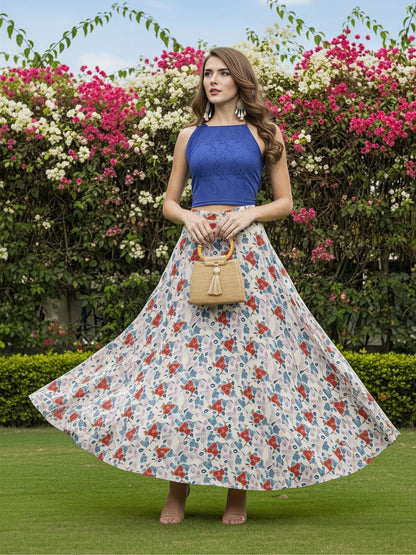 Elegant Blue and Off-White Floral Cord-Set for Women  Stylish Crop Top with Flowing Skirt  Casual & Party Wear Outfit
