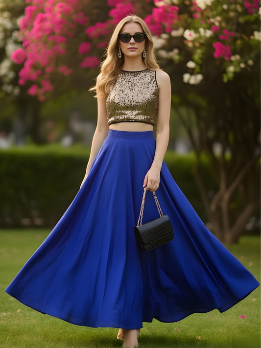 Gold Sequin Crop Top with Flared Skirt  Elegant Party & Festive Wear Outfit