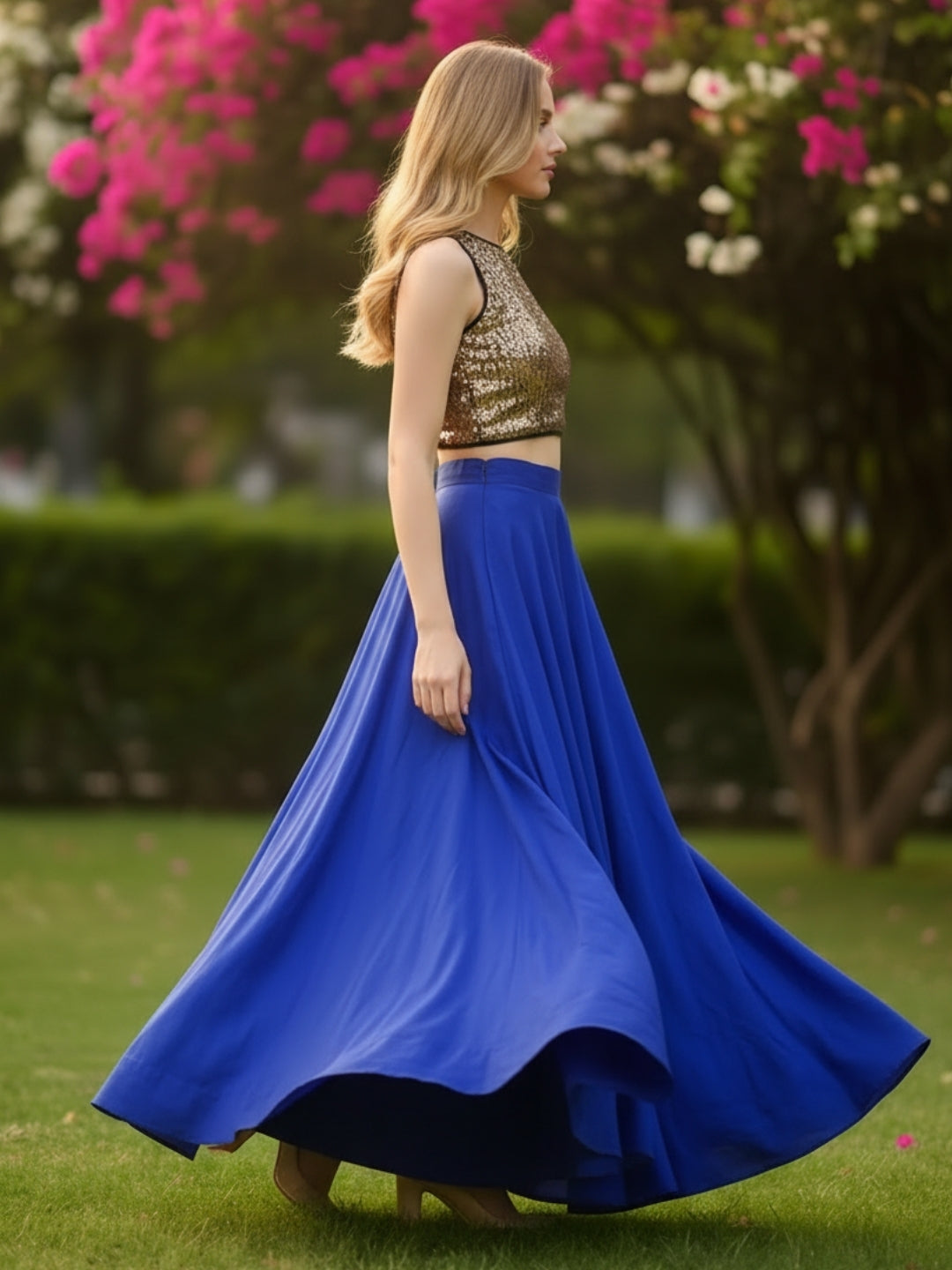 Gold Sequin Crop Top with Flared Skirt  Elegant Party & Festive Wear Outfit