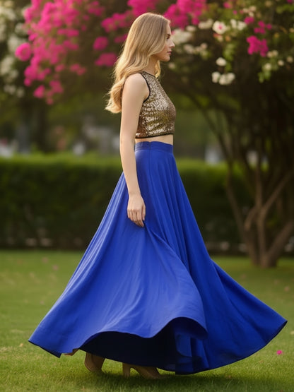 Gold Sequin Crop Top with Flared Skirt  Elegant Party & Festive Wear Outfit