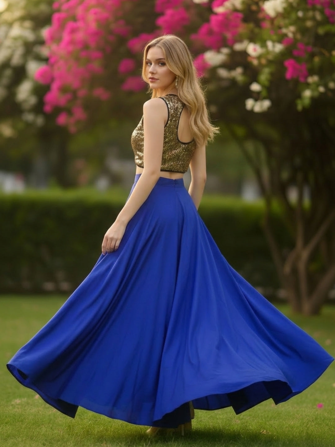 Gold Sequin Crop Top with Flared Skirt  Elegant Party & Festive Wear Outfit