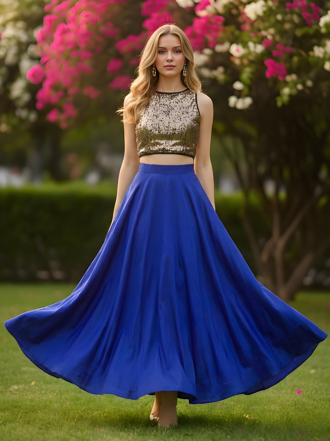 Gold Sequin Crop Top with Flared Skirt  Elegant Party & Festive Wear Outfit