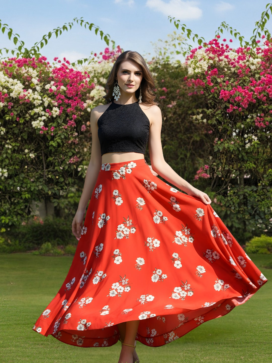 Stylish Red Floral Cord-Set for Women  Black Crop Top with Flowing Skirt  Trendy Summer & Party Wear Outfit