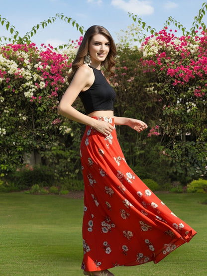 Stylish Red Floral Cord-Set for Women  Black Crop Top with Flowing Skirt  Trendy Summer & Party Wear Outfit