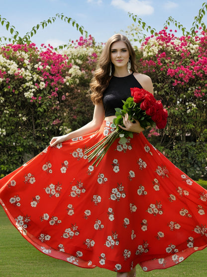 Stylish Red Floral Cord-Set for Women  Black Crop Top with Flowing Skirt  Trendy Summer & Party Wear Outfit