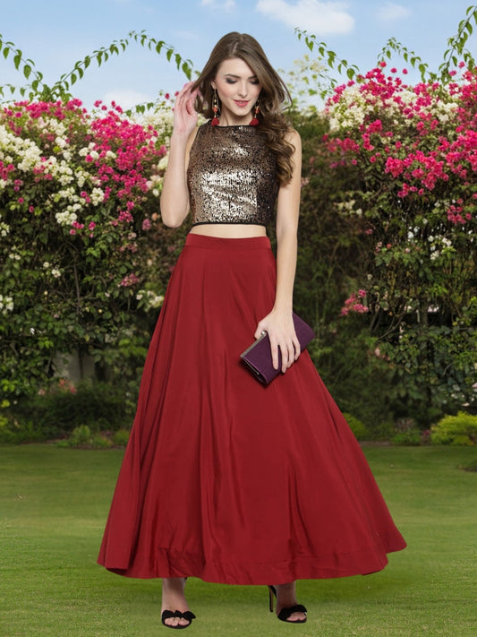 Designer Rust Red Cord-Set for Women  Golden Sequin Crop Top with Flared Skirt  Elegant Party & Festive Wear Outfit