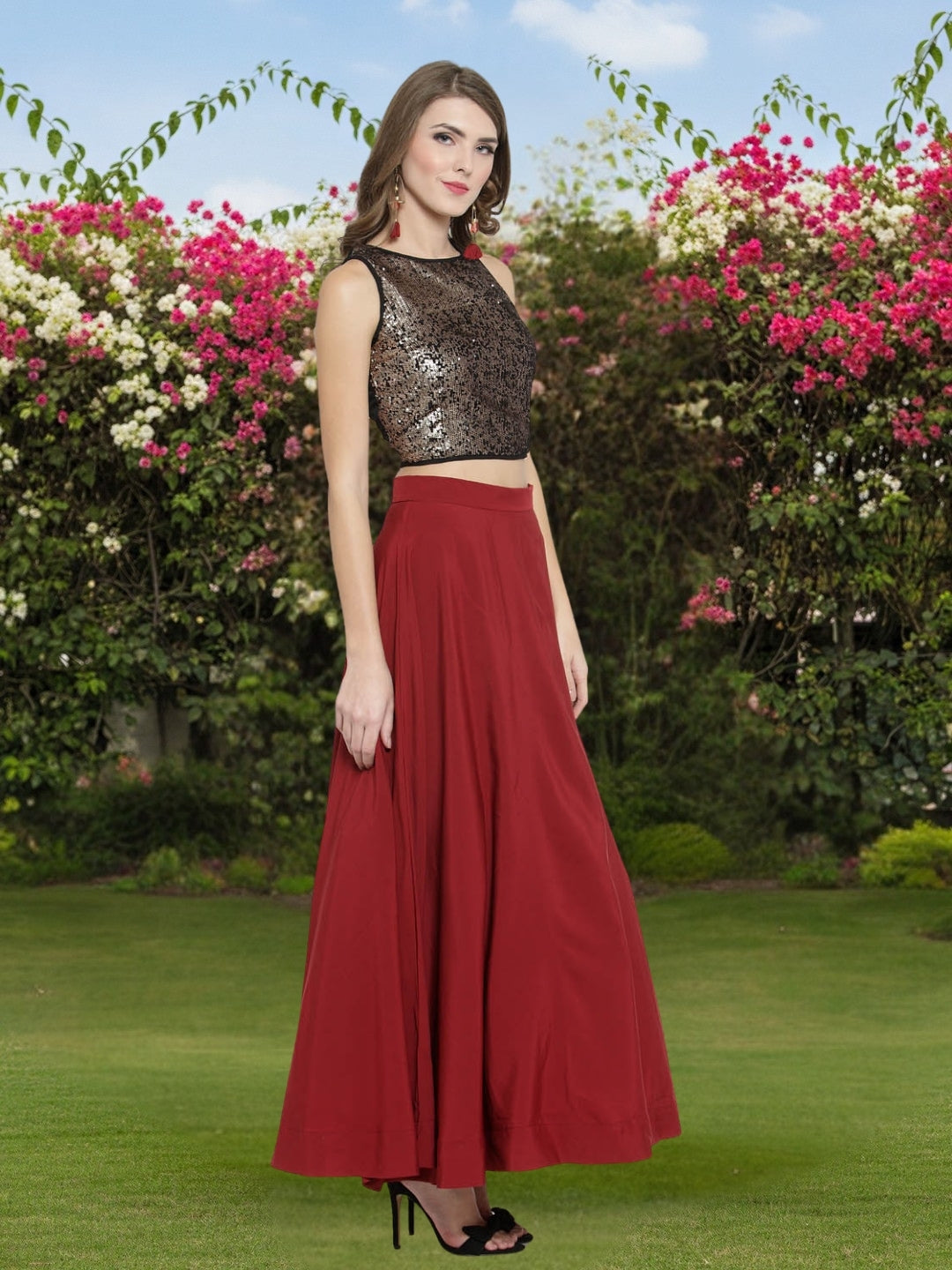 Designer Rust Red Cord-Set for Women  Golden Sequin Crop Top with Flared Skirt  Elegant Party & Festive Wear Outfit