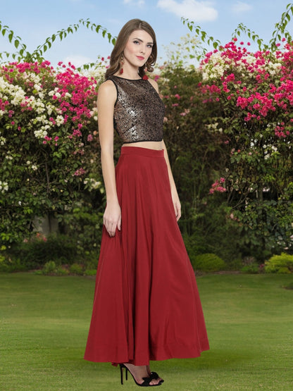Designer Rust Red Cord-Set for Women  Golden Sequin Crop Top with Flared Skirt  Elegant Party & Festive Wear Outfit