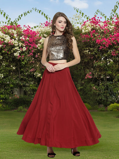 Designer Rust Red Cord-Set for Women  Golden Sequin Crop Top with Flared Skirt  Elegant Party & Festive Wear Outfit