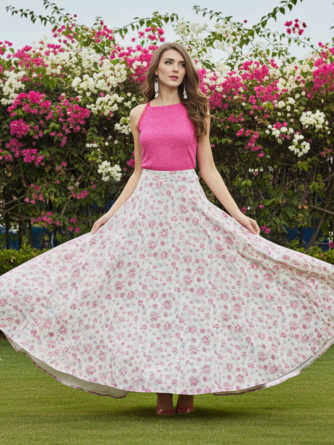Elegant Pink and White Floral Cord-Set for Women  Sleeveless Crop Top with Flowing Skirt  Stylish Summer & Party Wear Outfit