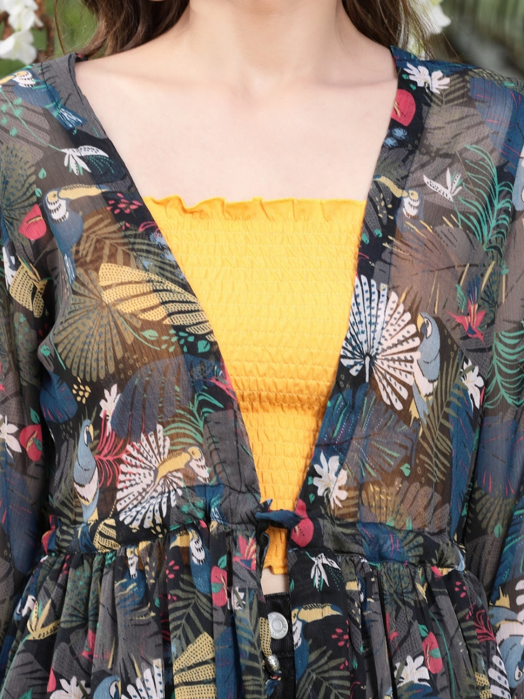 Sera Women Printed Longline Tie-Up Shrug