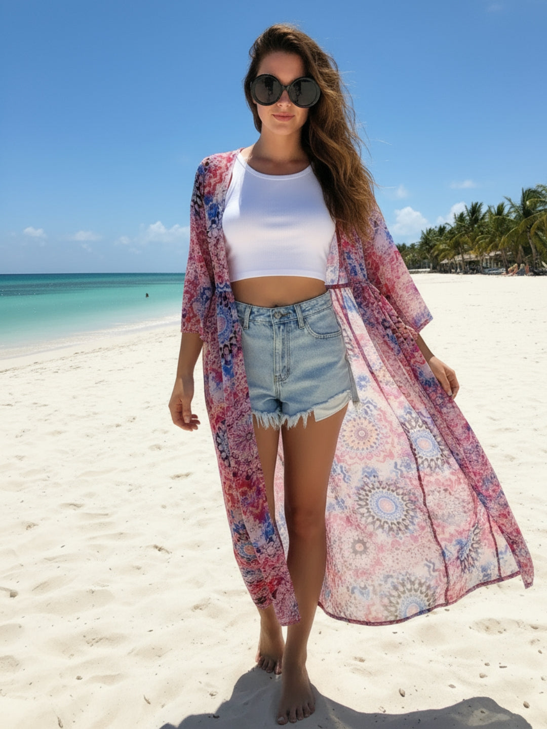 ?Vibe Check: Boho-Chic Pink Mandala Lightweight & Flow Flow Feels Chiffon Shrug