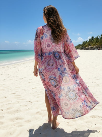 ?Vibe Check: Boho-Chic Pink Mandala Lightweight & Flow Flow Feels Chiffon Shrug