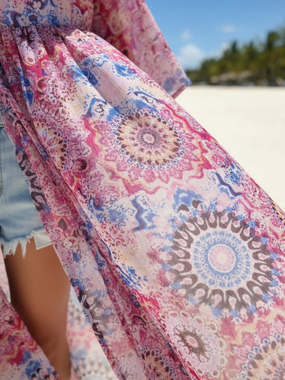 ?Vibe Check: Boho-Chic Pink Mandala Lightweight & Flow Flow Feels Chiffon Shrug