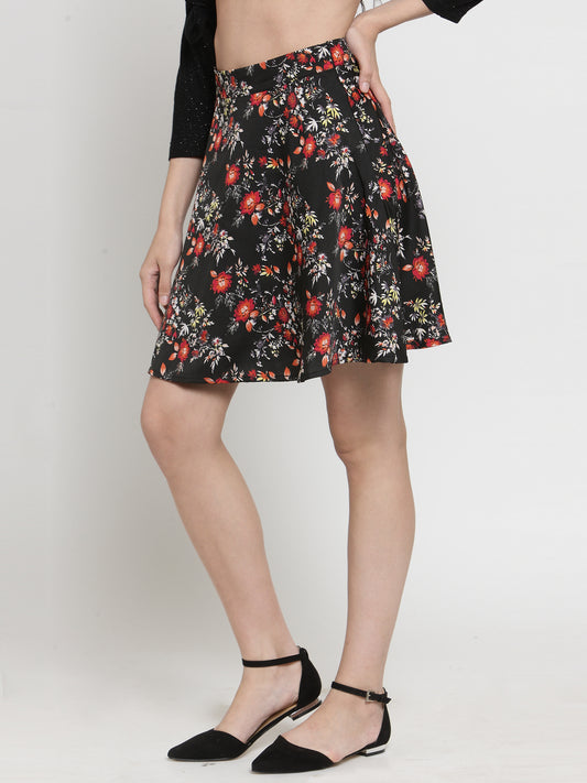 Black & Red Floral Printed Flared Skirt