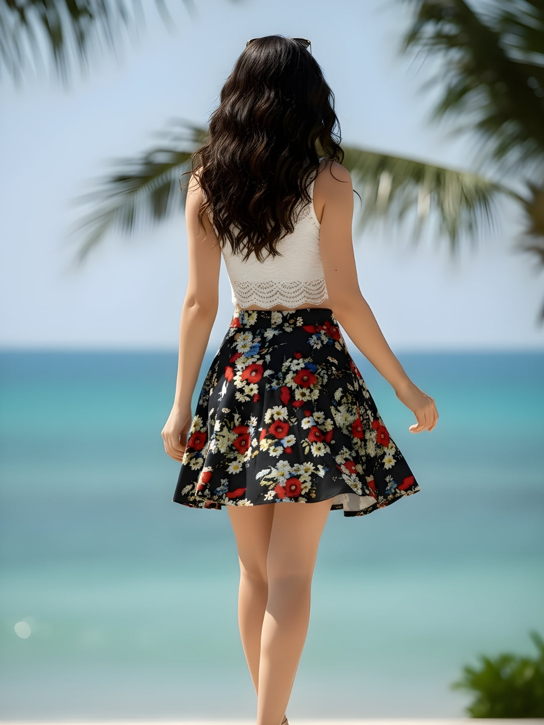 Crepe Floral Skater Mini Skirt
