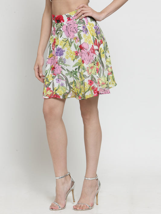 White Floral Printed Flared Skirt