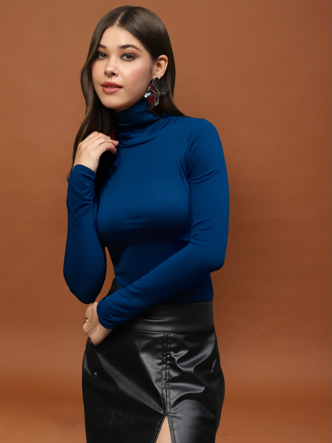 Bold Blue High-Neck  | Trendy Minimal Statement Fitted Top