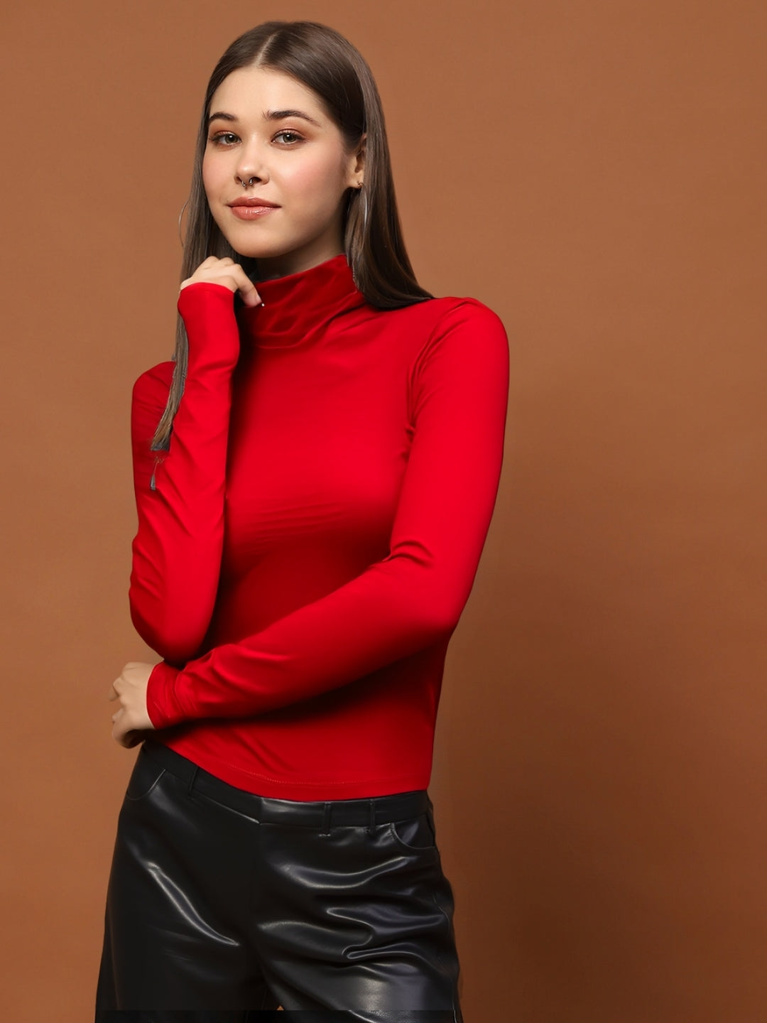 Bold Red High-Neck  | Statement Minimal Chic Fitted Top