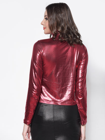 Red Foil Print High Neck Top