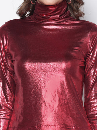 Red Foil Print High Neck Top