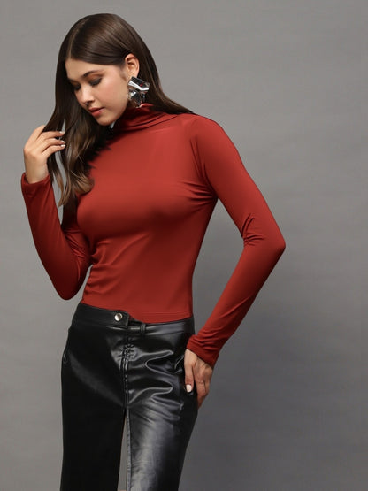 Rust Red High-Neck  | Elegant Minimal Statement Fitted Top