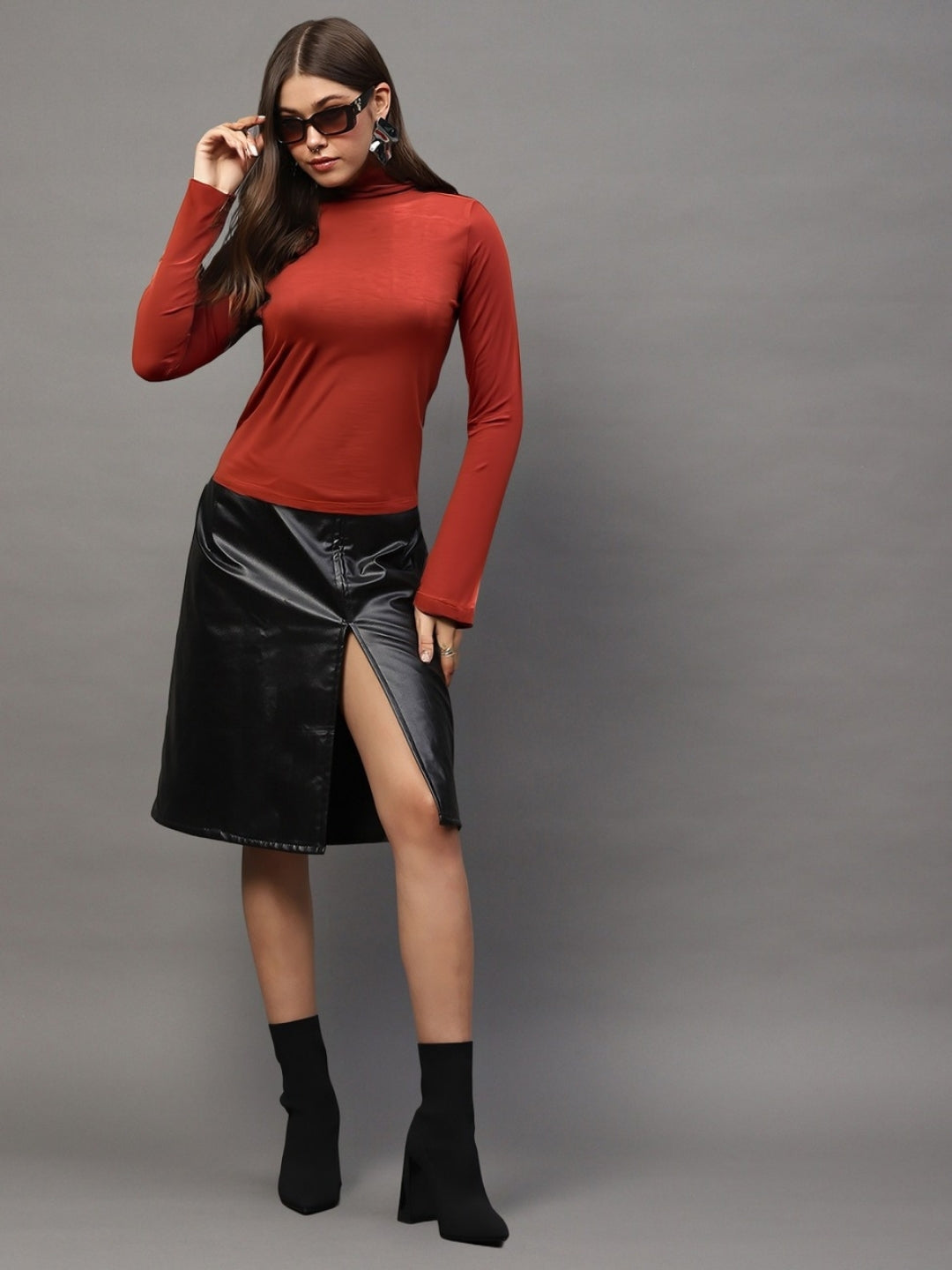 Rust Red High-Neck  | Elegant Minimal Statement Fitted Top