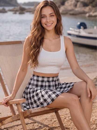 Crepe Check Flared Mini Skirt