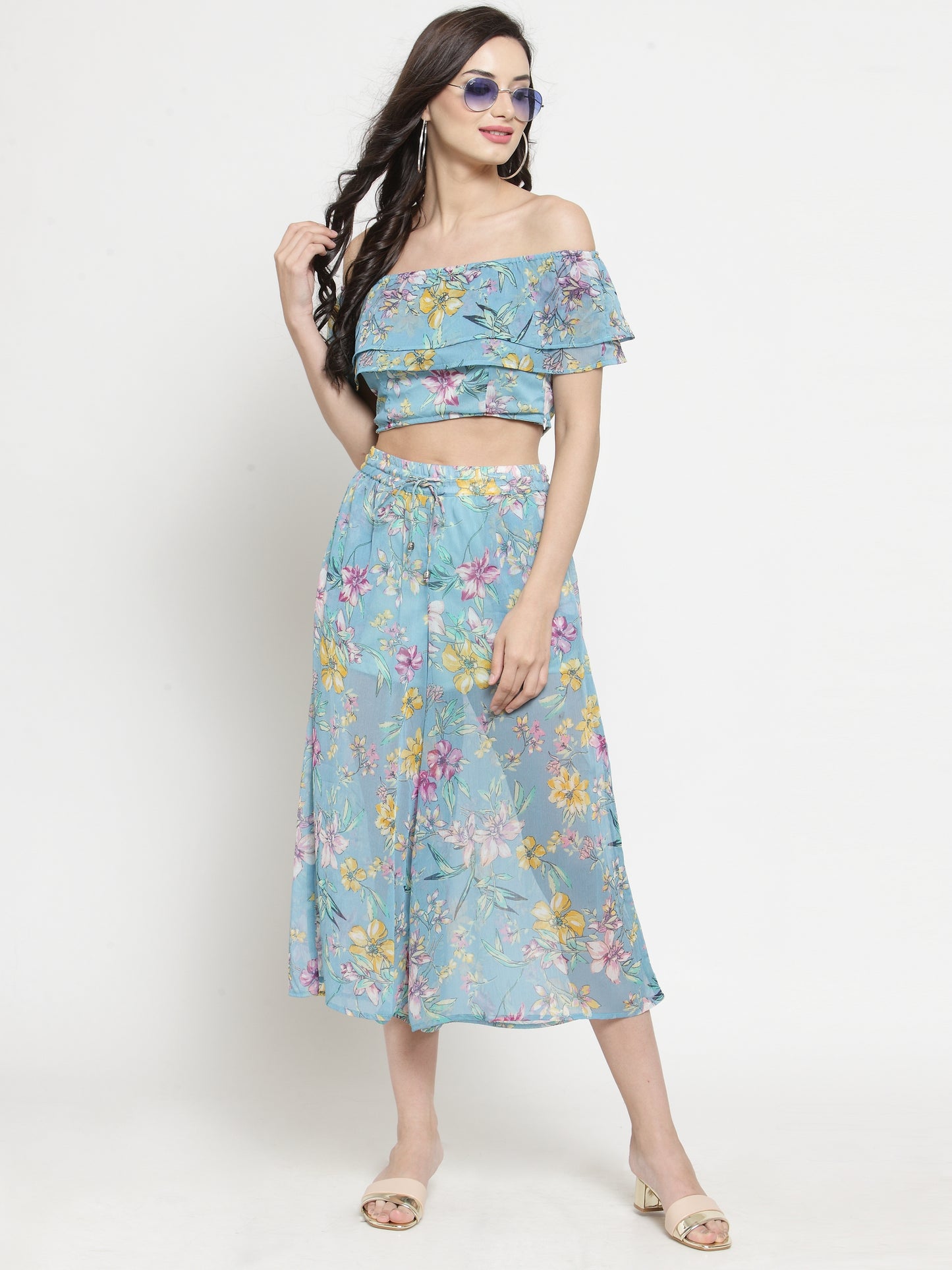 Blue Floral Wide Leg Palazzo