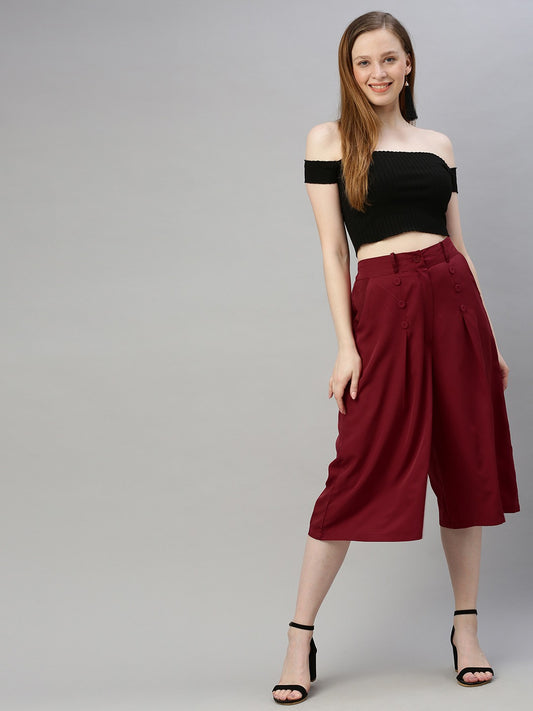 Burgundy Flared Solid Culottes