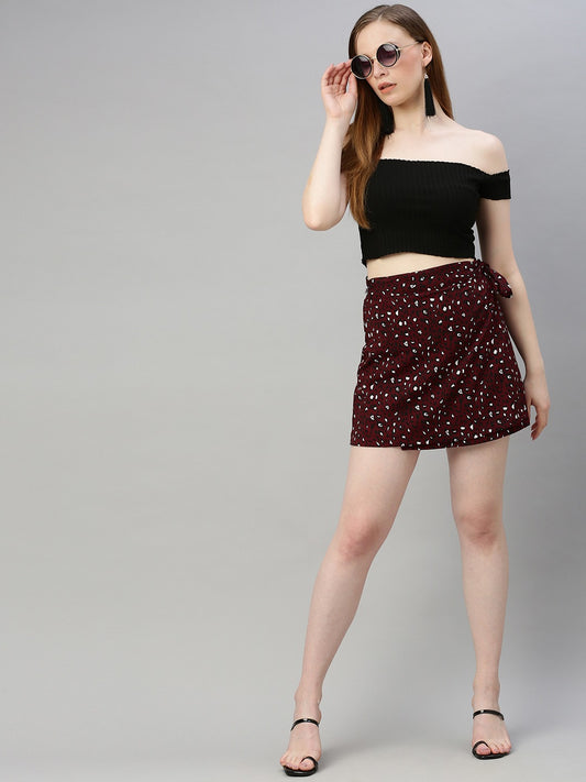 Burgundy & Black Animal Printed Wrap Mini Skirt with Tie-up