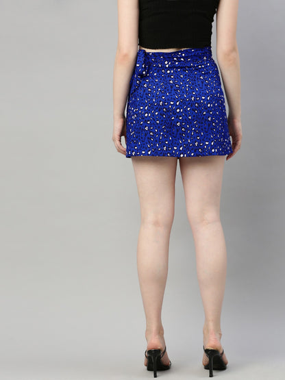 Blue & Black Animal Printed Wrap Mini Skirt with Tie-up