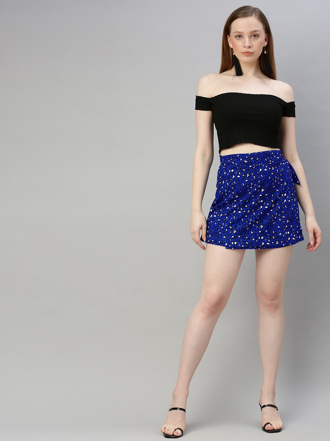 Blue & Black Animal Printed Wrap Mini Skirt with Tie-up