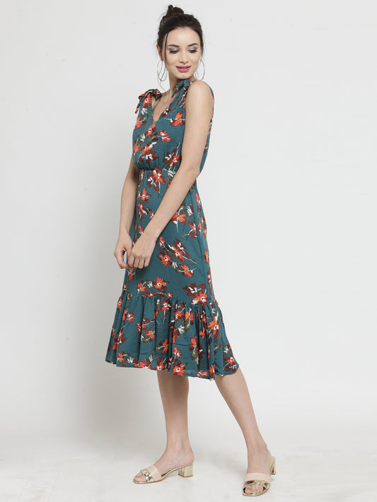Green Shoulder tie-up midi dress