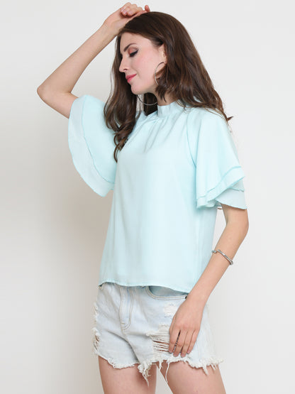 Aqua Blue Flared Sleeve Top