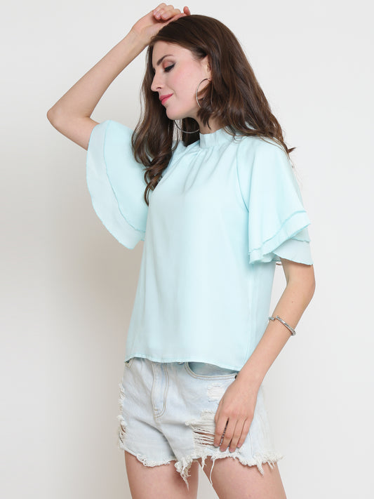 Aqua Blue Flared Sleeve Top