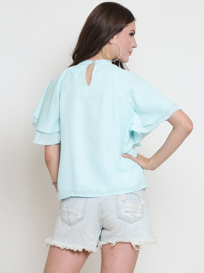 Aqua Blue Flared Sleeve Top