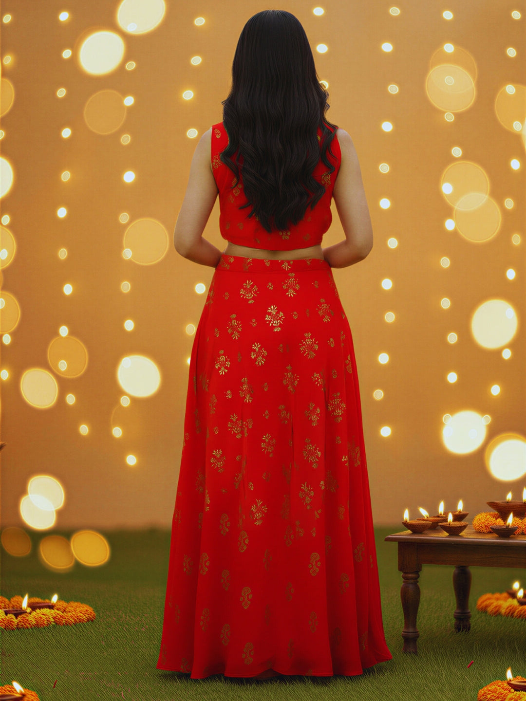 Red Sleeveless Printed Cord Set for Women , Festive & Party Wear Indo-Western Co-ord Outfit